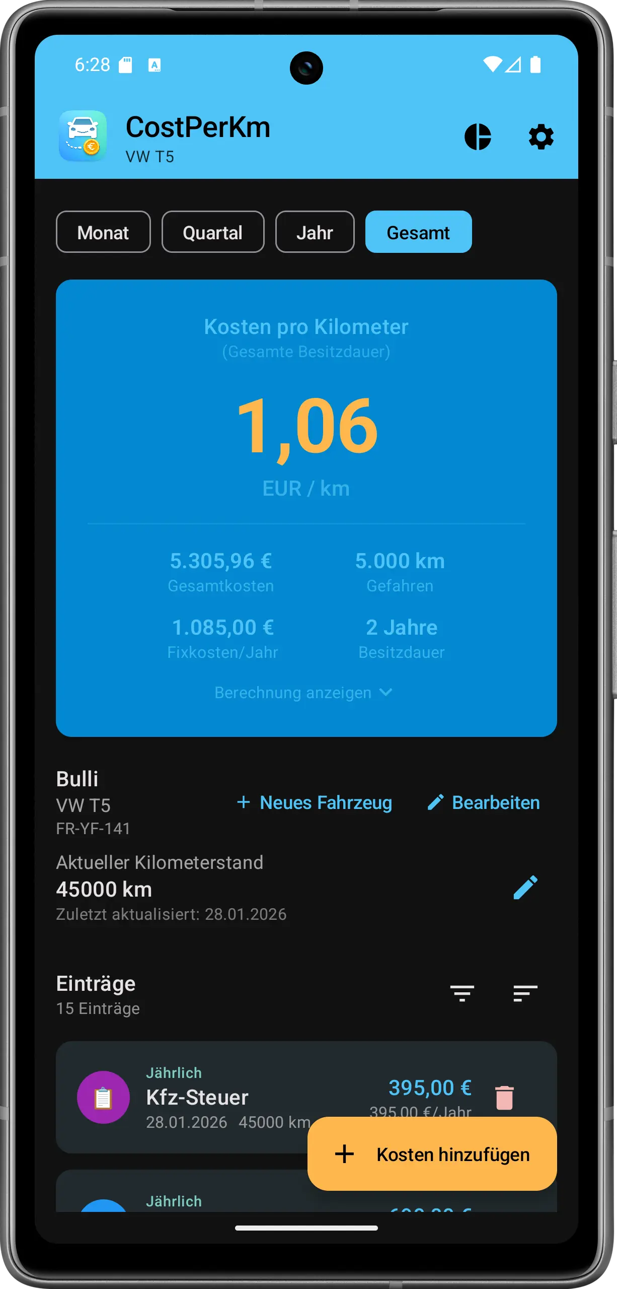 CostPerKm Übersicht - Kosten pro Kilometer anzeigen